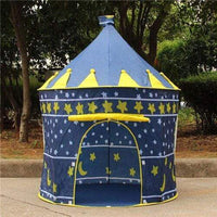 Tente châteaux de couleur bleue foncée, décorée d’étoiles et de lunes en jaune